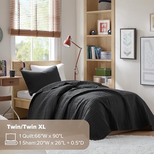 Comfort Spaces Kienna Quilt Set-Luxury Double Sided Stitching Design Summer Blanket, Lightweight, Soft, All Season Bedding Layer, Matching Sham, Black, Coverlet Twin/Twin XL(66"x90") 2 Piece Comfort Spaces