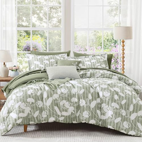 BLOOMHAVEN Queen Comforter Set -7 Pieces Sage Green Floral Comforter Set for All Seasons, Bed in a Bag Queen with Botanical Flowers Comforter, Sheets, Pillowcases & Shams BLOOMHAVEN