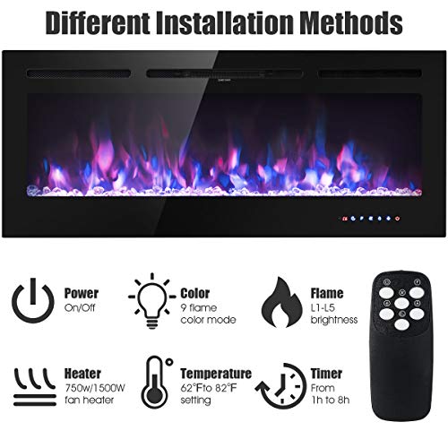 Tangkula 50 inches Electric Fireplace Insert with Thermostat, in-Wall Recessed and Wall Mounted 1500 W Faux Fireplace, Touch Screen Control, 9 Flamer Color, Temperature Control & Timer (50 inches) Tangkula