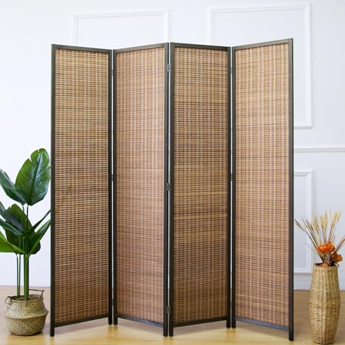 Furnnylane 4 Panel Bamboo Room Divider and Folding Panel Screen,Bamboo Panel Divider for Room Separation,Brown,67" H x 61.4" W Furnnylane