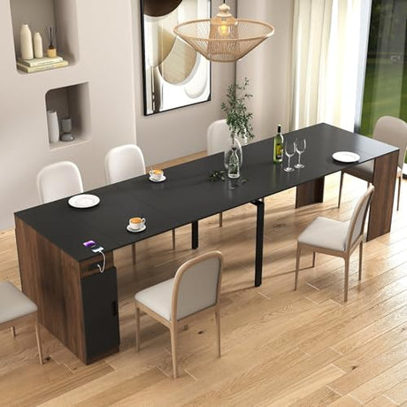 24"-118" Extendable Dining Table with Storage for 2-12 People, Modern Space-Saving Extra Long Wood Folding Table with USB & AC Outlets, Multifunctional Conference Meeting Desk, Black & Walnut DMAITH