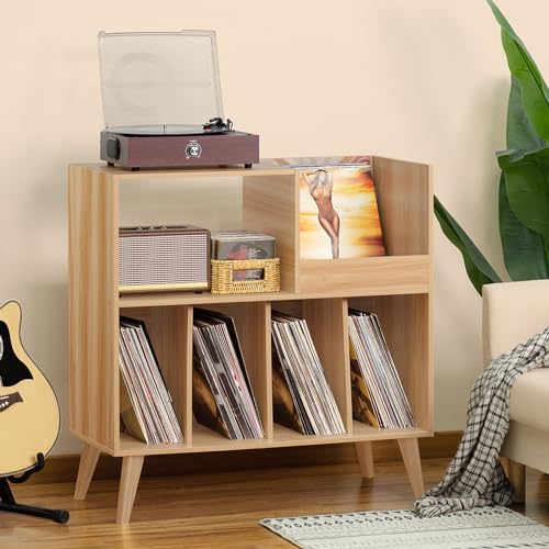 LELELINKY Large Record Player Stand, Turntable Stand with Storage, Vinyl Record Holder with Display Area, Record Player Table Holds Up to 300 Albums, Record Stand for Music room Living Room-Natural LELELINKY