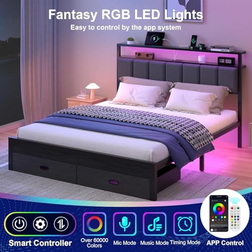 Aelawe Full Bed Frames with Storage Drawer, Platform Bed with Charging Station and LED Lights, Upholstered Headboard with 2-Tier Storage Shelves, No Box Spring Needed Aelawe