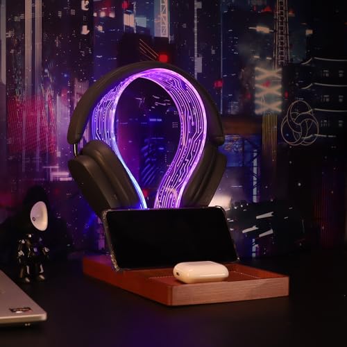 YuanDian Gamer Gifts for Teenage Boy, LED Gaming Headphone Phone Stand with Tray - Wood Holder with Blue Pink LED Night Light, Desk Organizer, Ideal Gift for Gamers, Men, and Music Lovers - WoodArtSupply