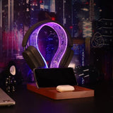 YuanDian Gamer Gifts for Teenage Boy, LED Gaming Headphone Phone Stand with Tray - Wood Holder with Blue Pink LED Night Light, Desk Organizer, Ideal Gift for Gamers, Men, and Music Lovers YuanDian