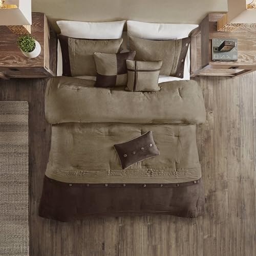 Madison Park Boone Cozy Comforter Set, Faux Suede, Deluxe Hotel Styling All Season Down Alternative Bedding Matching Shams, Decorative Pillow, King (104 in x 92 in), Rustic Brown 7 Piece Madison Park
