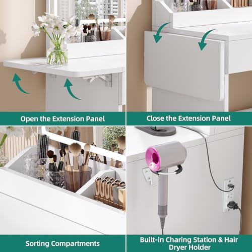 YITAHOME Vanity Desk with Mirror and Lights, RGB Cabinet, Extral Foldable Desk, Makeup Desk with Large Mirror and Power Outlets, Vanity Table Set Bedroom, Dressing Room, White YITAHOME