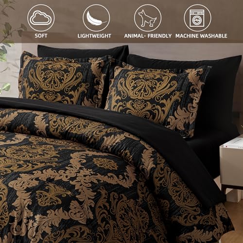 WONGS BEDDING Black Comforter Set King Size, Gold Damask Texture 7 Pieces Bed in a Bag Microfiber Comforter Bedding Sets -1 Comforter, 1 Flat Sheet, 1 Fitted Sheet, 2 Pillow Shams, 2 Pillowcases WONGS BEDDING