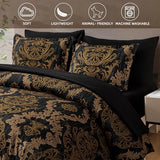 WONGS BEDDING Black Comforter Set King Size, Gold Damask Texture 7 Pieces Bed in a Bag Microfiber Comforter Bedding Sets -1 Comforter, 1 Flat Sheet, 1 Fitted Sheet, 2 Pillow Shams, 2 Pillowcases WONGS BEDDING