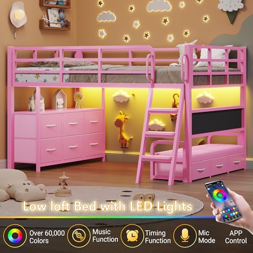 busyaeh Twin Loft Bed,Low Loft Bed with 9 Storage Drawers & 15.8" H Safety Guardrail & Inclined Ladder & Safety Handrail & LED Lights and Charging Station，Kids Loft Bed,Pink busyaeh