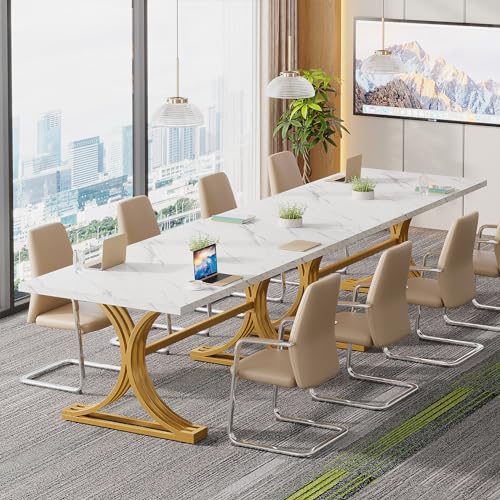 Tribesigns 10.5FT Faux Marble Conference Table, Modern Meeting Table with Gold Legs for 8-10 People, Rectangle Seminar Boardroom Table for Office Conference Room (4, White + Gold) - WoodArtSupply