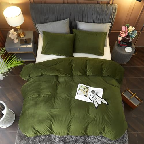 Ivellow Velvet Flannel Duvet Cover King Size Olive Green Comforter Cover Ultra Soft Breathable Cozy Velour Duvet Cover Solid Luxury Bedding Set Zipper Closure Corner Ties Ivellow