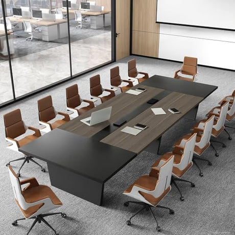 Nuipesn 138 Inch Rectangular Conference Table, 12FT Boardroom Table for 12-14, Built-in Power Outlets & USB Charging Ports, Cable Management, Splicing Design, 2 Inch Thick Top, Oak/Grey Nuipesn