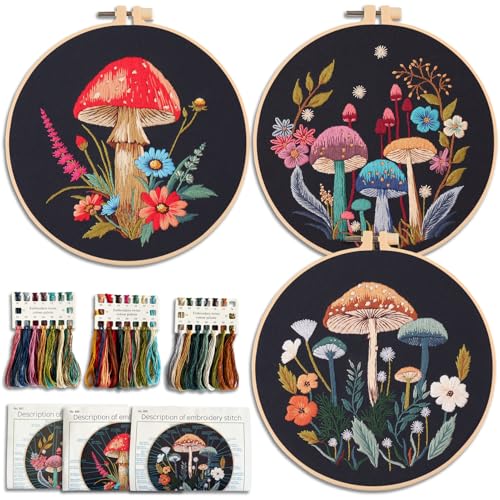 Myfelicity Embroidery Kit with Mushroom Patterns, 3 Hoops, Fabric, Threads, Needles, Instructions (Colorful)