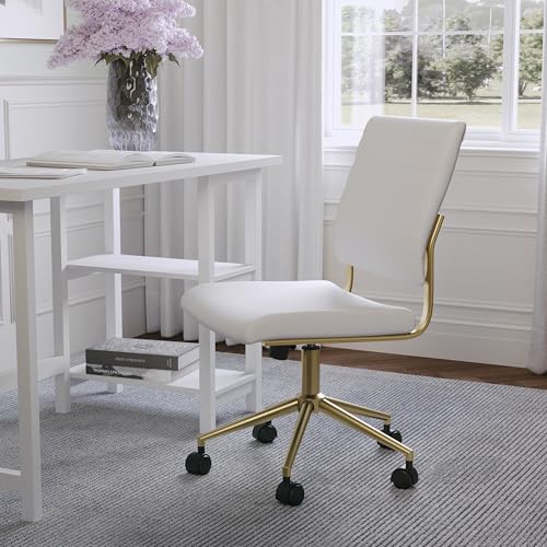 Martha Stewart Ivy Armless Swivel Task Chair for Home Office in White Faux Leather with Polished Brass Frame Martha Stewart