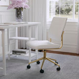 Martha Stewart Ivy Armless Swivel Task Chair for Home Office in White Faux Leather with Polished Brass Frame Martha Stewart
