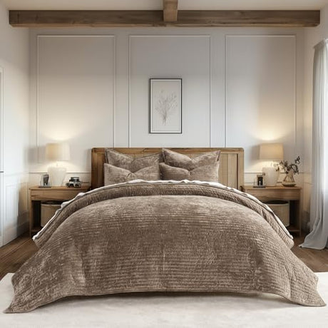 EVERGRACE Velvet Quilt Set King Size, Luxurious Soft Striped Channel Bedding Set, Lightweight Velvet Comforter for All Season, Oversized Bedspread Coverlet with 2 Matching Shams, Mocha Brown EVERGRACEHOME