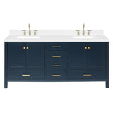 ARIEL Cambridge 72" Midnight Blue Double Vanity, 1.5" Edge Carrara White Quartz Countertop & Splash, Rectangular Sinks, 4 Soft Closing Doors, 6 Full Extension Dovetail Drawers, Satin Brass ARIEL