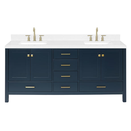 ARIEL Cambridge 72" Midnight Blue Double Vanity, 1.5" Edge Carrara White Quartz Countertop & Splash, Rectangular Sinks, 4 Soft Closing Doors, 6 Full Extension Dovetail Drawers, Satin Brass ARIEL