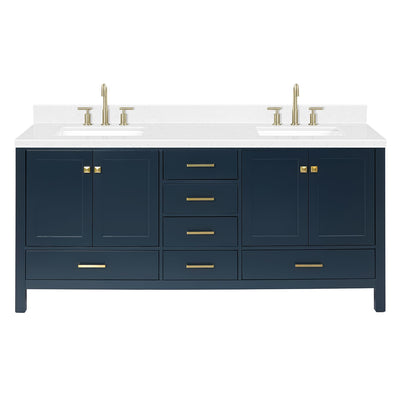 ARIEL Cambridge 72" Midnight Blue Double Vanity, 1.5" Edge Carrara White Quartz Countertop & Splash, Rectangular Sinks, 4 Soft Closing Doors, 6 Full Extension Dovetail Drawers, Satin Brass