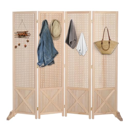 VINGLI Freestanding Pegboard with Support Feet, 5 FT Wood Room Divider Display Board Organizer, Folding Privacy Screen Partition Space Separator for Craft Shows Events Retail (Natural, 4 Panel) VINGLI