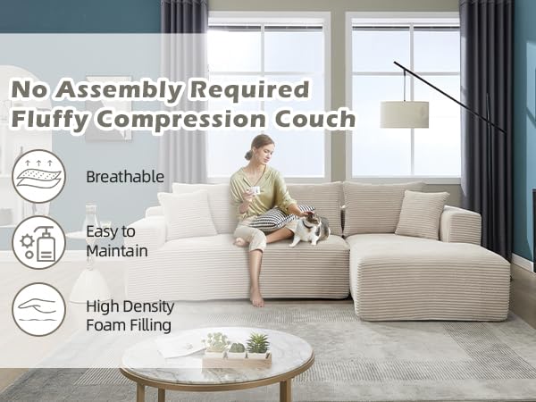 KEIKI 108.7'' Modular Sectional Sofa Couch, L-Shape 3-Seat Velvet Cloud Couch with Oversized Chaise, Memory Foam Cushion, Removable Back & Neck Pillow for Living Room Sofa, Right Facing Chaise, Beige KEIKI