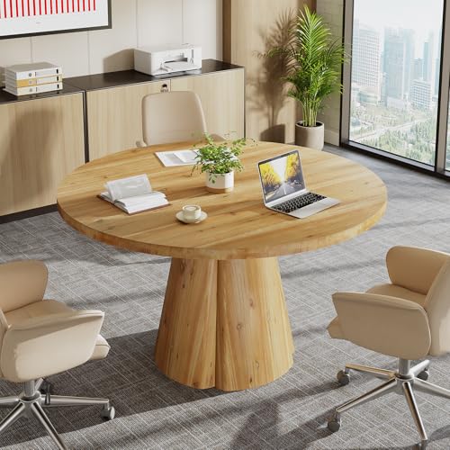 TRIBEWOOD 47.24" Solid Wood Conference Table, Rustic Round Meeting Table with Wooden Pedestal Base for 4-6 People, Small Seminar Table for Break Room, Office, Office Desk, Easy Assembly TRIBEWOOD