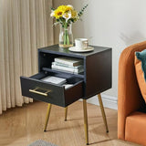 IBUYKE Nightstand, Mid Century Modern Night Stand, Bedside Table with Drawers and Open Storage Shelf, End Side Table with Metal Legs, for Bedroom, Small Spaces,Black UWNS004B IBUYKE