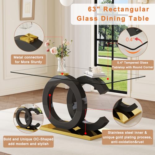 63" Glass Dining Table Set for 6, Modern Dining Table Set for 6, Tempered Glass Tabletop with Black OC-Shaped Legs and Gold Base, Black Gold Kitchen Table Set with 6 Cantilever Upholstered Chairs Iopirbu