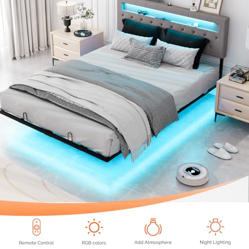 VINGLI Floating Bed Frame Queen with Charging Station,RGB LED Lights, Metal Platform Bed with Upholstered Headboard, Adjustable Height, Gray VINGLI