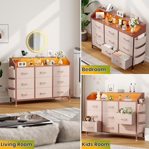 Lulive Dresser for Bedroom with 9 Drawers - Chest of Drawers for Bedroom with LED Light & Charging Station - Kids Adults Chest of Drawers for Living Room Hallway Closet Nursery (Pink) Lulive