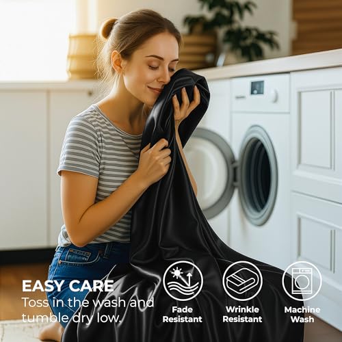 Pure Bedding Satin Sheets Queen [4-Piece, Black] Hotel Luxury Silky Bed Sheets - Extra Soft 1800 Microfiber Sheet Set, Wrinkle, Fade, Deep Pocket Fitted Sheet, Flat Sheet, Pillow Cases Pure Bedding
