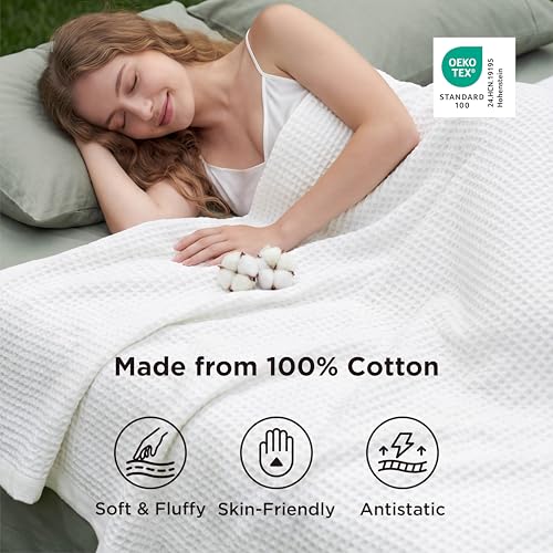 Bedsure Gentlesoft 100% Cotton Blanket Queen Size for Bed - Cooling Breathable and Soft for Spring Summer, Thick Cozy Waffle Weave Blanket Gifts for Women, White, 90x90 Inches Bedsure