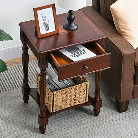 MODERION Solid Wood Side Table with Drawer and Storage Shelf, Traditional End Table, Narrow Telephone Nightstand, Carvings Elegant Vintage, for Living Room, Bedroom, Office Cherry Walnut GBJ1533WD MODERION