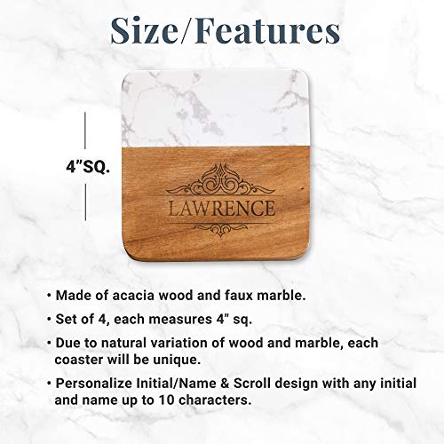 Let’s Make Memories Personalized Elegant Marble Wood Coasters - Housewarming Gift - Set of 4 - Each 4” Square - Customized with Name and Initial Let's Make Memories