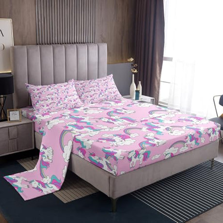 Unicorn Sheet Set King Size Girls Cute Rainbow Unicorn Sheets with Deep Pocket Fitted Sheet Dreamy Horse Printed Bed Sheets Set Magical Animal Decor Bedding Set Fantasy Unicorn Themed Bed Sheets Set jejeloiu