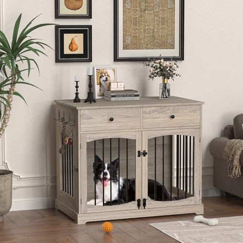 BREEZEHEAT 40 inch Dog Crate Furniture-Farmhouse Dog Kennel with Drawers-End Table Wooden Pet Crate, Double Door Design, Decorative Dog House Indoor for Small Medium Large Dog, Oak Grey BREEZEHEAT