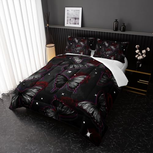 Black Butterfly Comforter Sets Twin Size, Black Butterfly Flowers 3D Animal Pattern Kids Bedding Sets for Girls Teens 3 Piece Bedroom Decor Comforter with 2 Pillowcases Nttopship