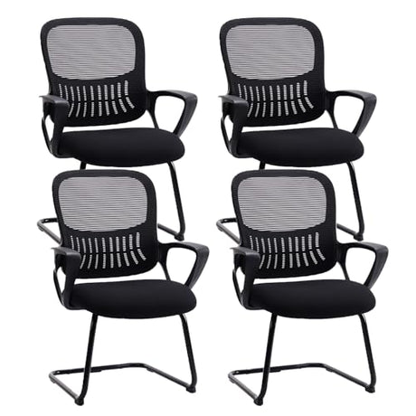 Sweetcrispy Reception Chair No Wheels, Stationary Non Rolling Mesh Mid Back Computer Guest Side with Lumbar Support for Waiting Area Reception Conference Room, Set of 4, Modern Black Sweetcrispy