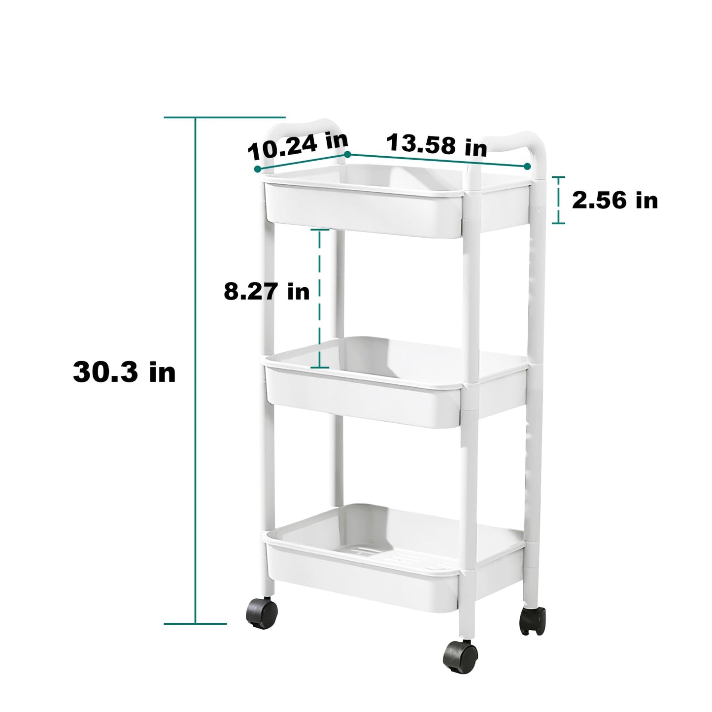 3 Tier Utility Rolling Cart with Handle, Multifunctional Storage Organizer Rolling Carts with Wheels for Bathroom Office Living Room (White)