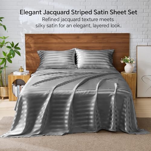 BEDELITE Satin Sheets Queen Size, Luxury Jacquard Striped Dark Grey Bedsheets with Elastic Corner Straps, Similar to Silk Sheets Set 4 PC with 1 Deep Pocket Fitted Sheet, 1 Flat Sheet, & 2 Pillowcases BEDELITE