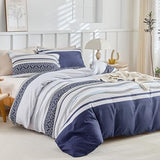 Lekesky Duvet Cover Full, 3 Pieces Blue Striped Duvet Cover Set Soft Bedding Aztec Comforter Cover Full Size with Hidden Zipper Corner Ties Lekesky