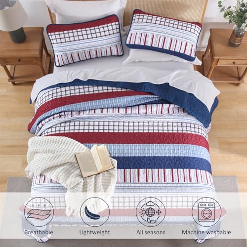 DJY Striped Quilt Set Queen Size, Red Blue Boho Striped Bedspread Coverlet Set 3 Pieces Lightweight Soft Microfiber Patchwork Quilt Bedding Set for All Season (96"x90") DJY