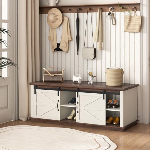 UPOSOJA Farmhouse Coffee Table for Living Room with Storage & 4 Sliding Barn Doors, Adjustable Shelves, Modern Rectangular Rustic Living Room, Meeting Room, Hall Coffee Tables (White+Brown) UPOSOJA