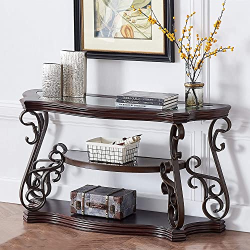 Goujxcy Elegant Retro Console Table, 3-Tier Traditional Rectangle Sofa Table with Tempered Glass Top, Mid-Marble Shelf, Vintage Accent Entryway Table for Living Room Hallway, Easy Assembly Goujxcy
