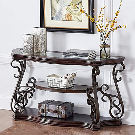 Goujxcy Elegant Retro Console Table, 3-Tier Traditional Rectangle Sofa Table with Tempered Glass Top, Mid-Marble Shelf, Vintage Accent Entryway Table for Living Room Hallway, Easy Assembly Goujxcy
