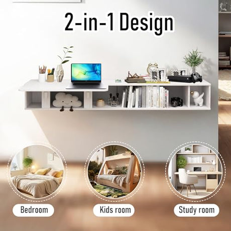 Pmnianhua 70'' Floating Desk with Storage Shelves,Wall Mounted Desk Laptop Computer Writing Study Table for Bedroom Small Space(White) Pmnianhua