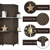 Giantex 6Ft 6 Panel Room Divider with Shelves, Freestanding Hand-Woven Rattan Folding Privacy Screens for Room Separation, Wooden Partition Room Divider Wall for Home Office Studio Separator Giantex