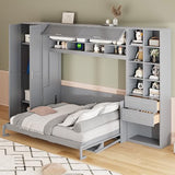 Merax Queen Murphy Bed with Tall 90.6" Closet Wardrobe & Shelves & Drawers, All-in-One Multi-Storage Side Flip Wood MDF Murphy Cabinet Bed Desk, Open/Close Hydraulically (Gray) Merax