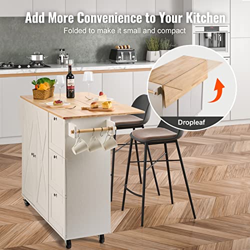 VEVOR Kitchen Island Cart with Solid Wood Top, 45.3" Width Mobile Carts with Storage Cabinet, Rolling Table with Spice Rack, Towel Rack, Drop Leaf and Drawer, Portable Islands on Wheels, White VEVOR